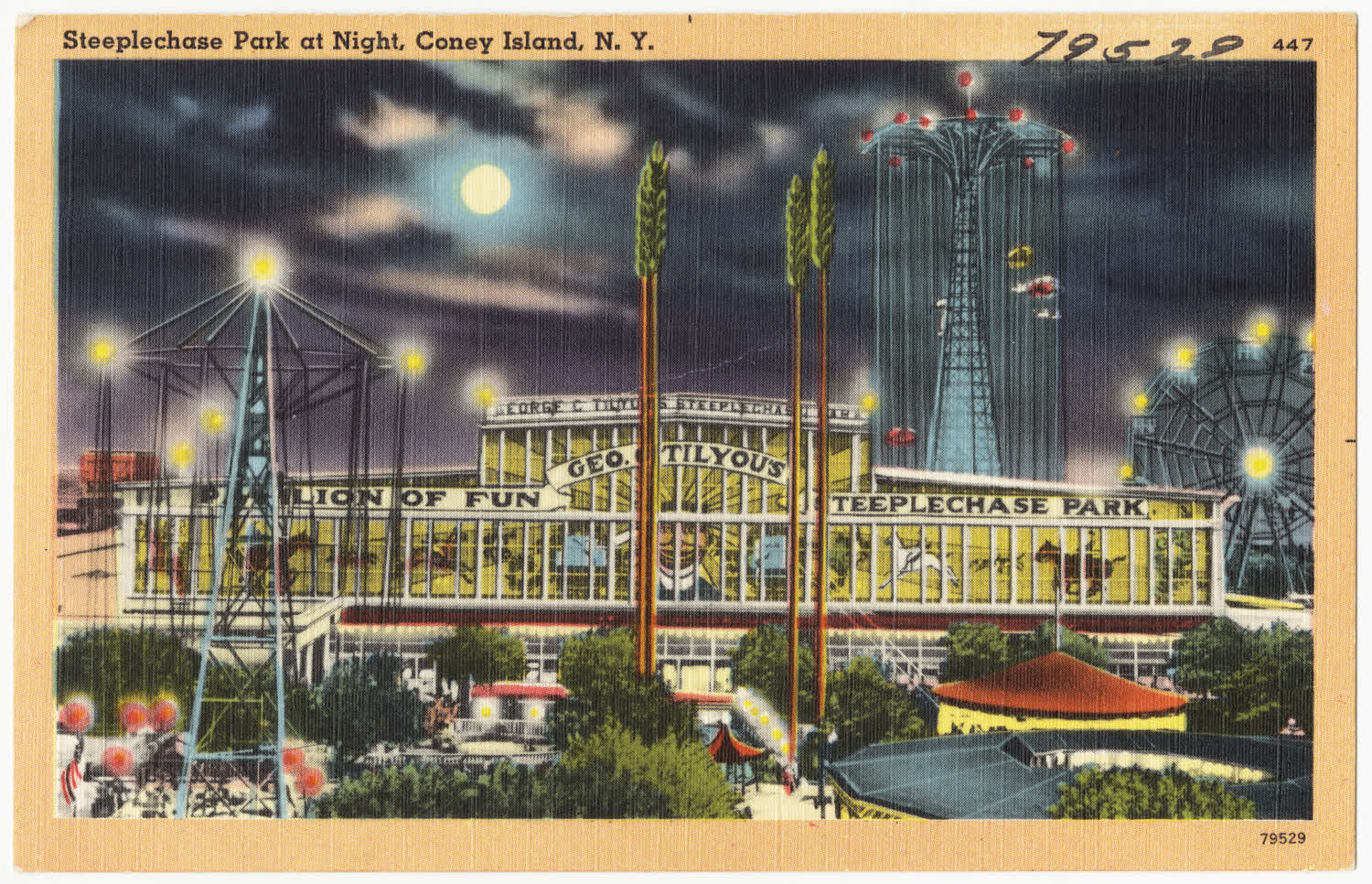 Vintage postcard of Steeplechase Park at Coney Island lit up at night, home of early funhouses
