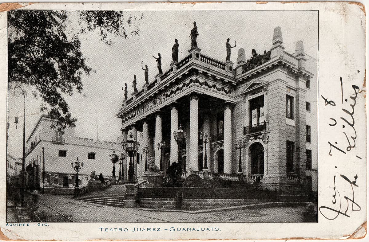 Early 1900s photograph of the columned facade of the Teatro Juarez in Guanajuato