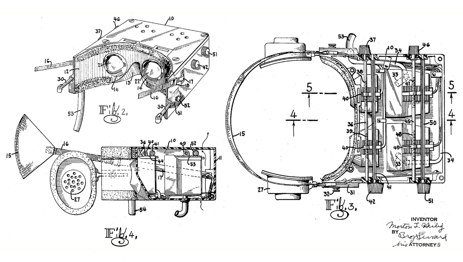 Line drawing from Morton Heilig's 1960 patent for the head-mounted Telesphere Mask