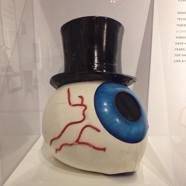 A large eyeball mask used by the Residents, on display in a museum