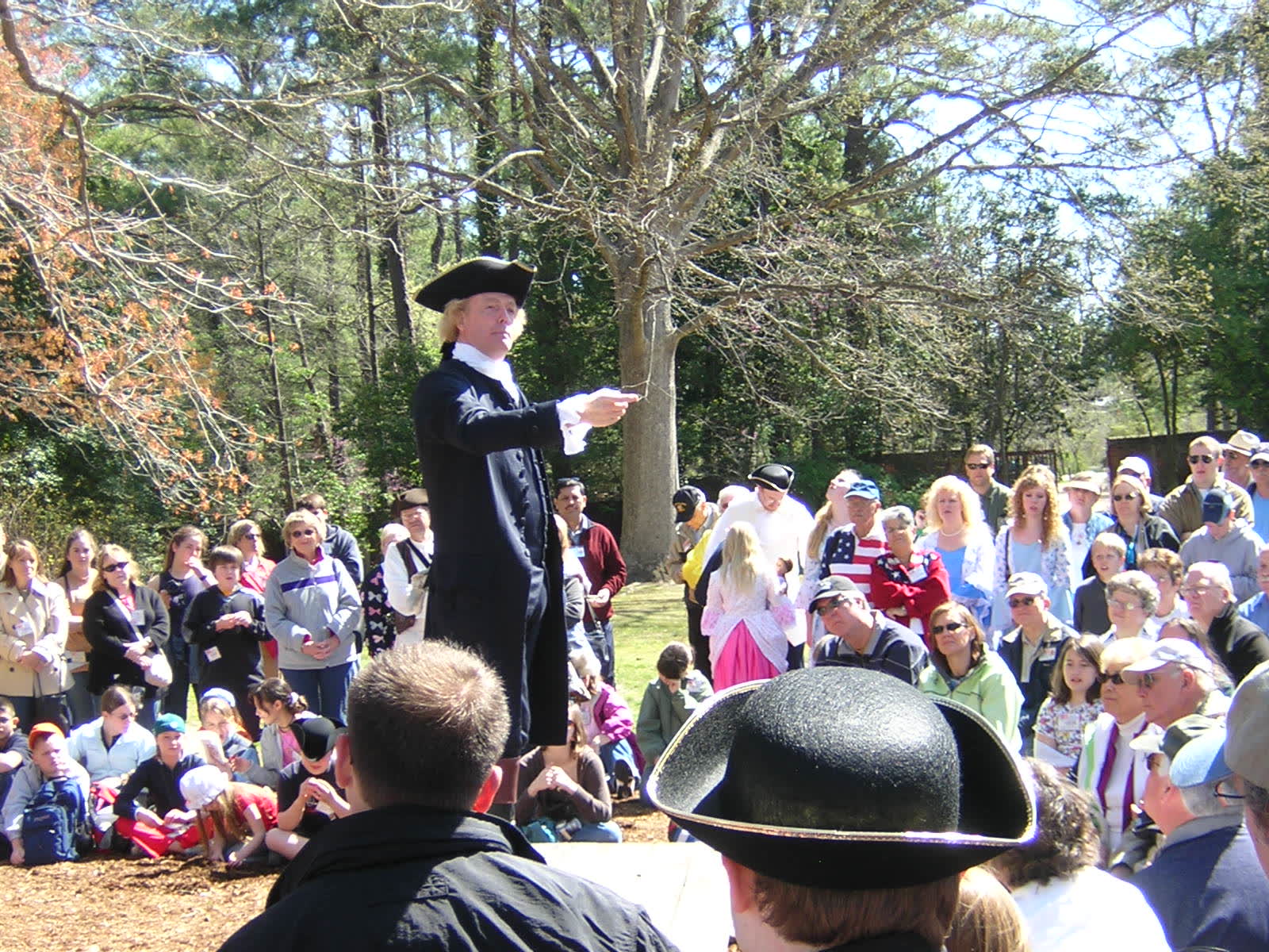 An interpreter in period costume portraying Thomas Jefferson at Colonial Williamsburg