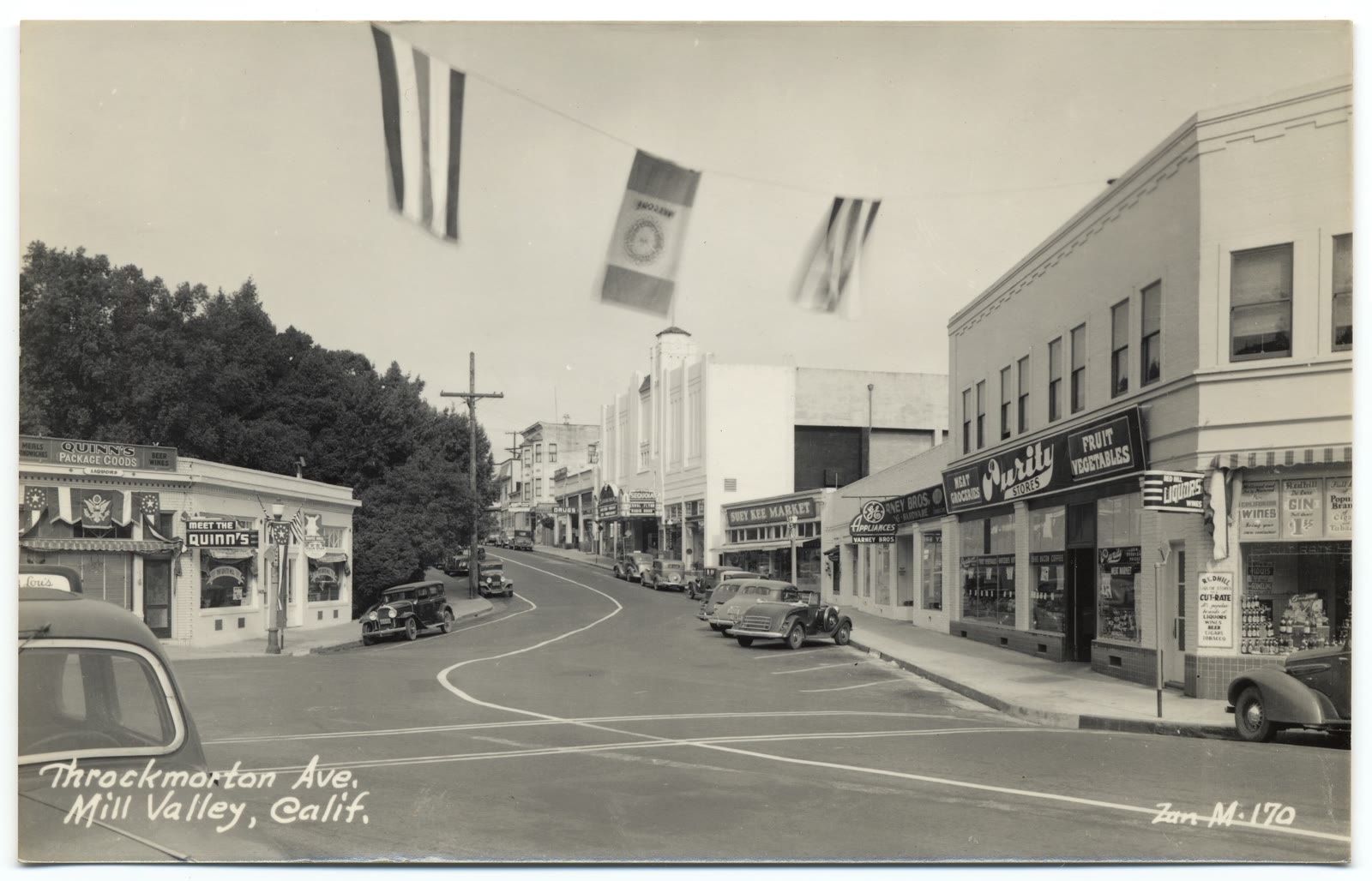 A vintage postcard view of shops along Throckmorton Avenue in downtown Mill Valley
