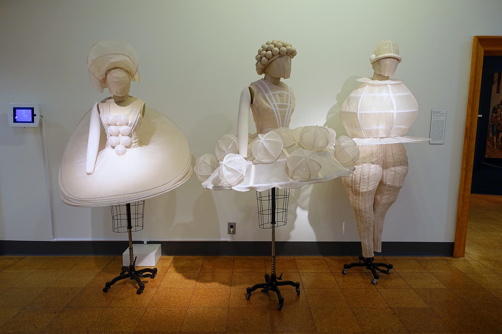 Recreated Triadic Ballet costumes in organza, muslin and steel displayed at the University of Arizona Museum of Art