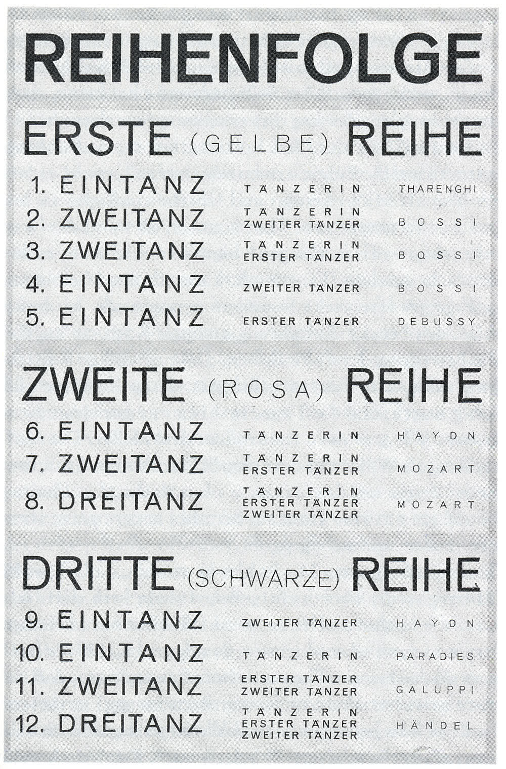 Page of the printed programme for the 1922 Stuttgart premiere of Das Triadische Ballett, designed by Schlemmer