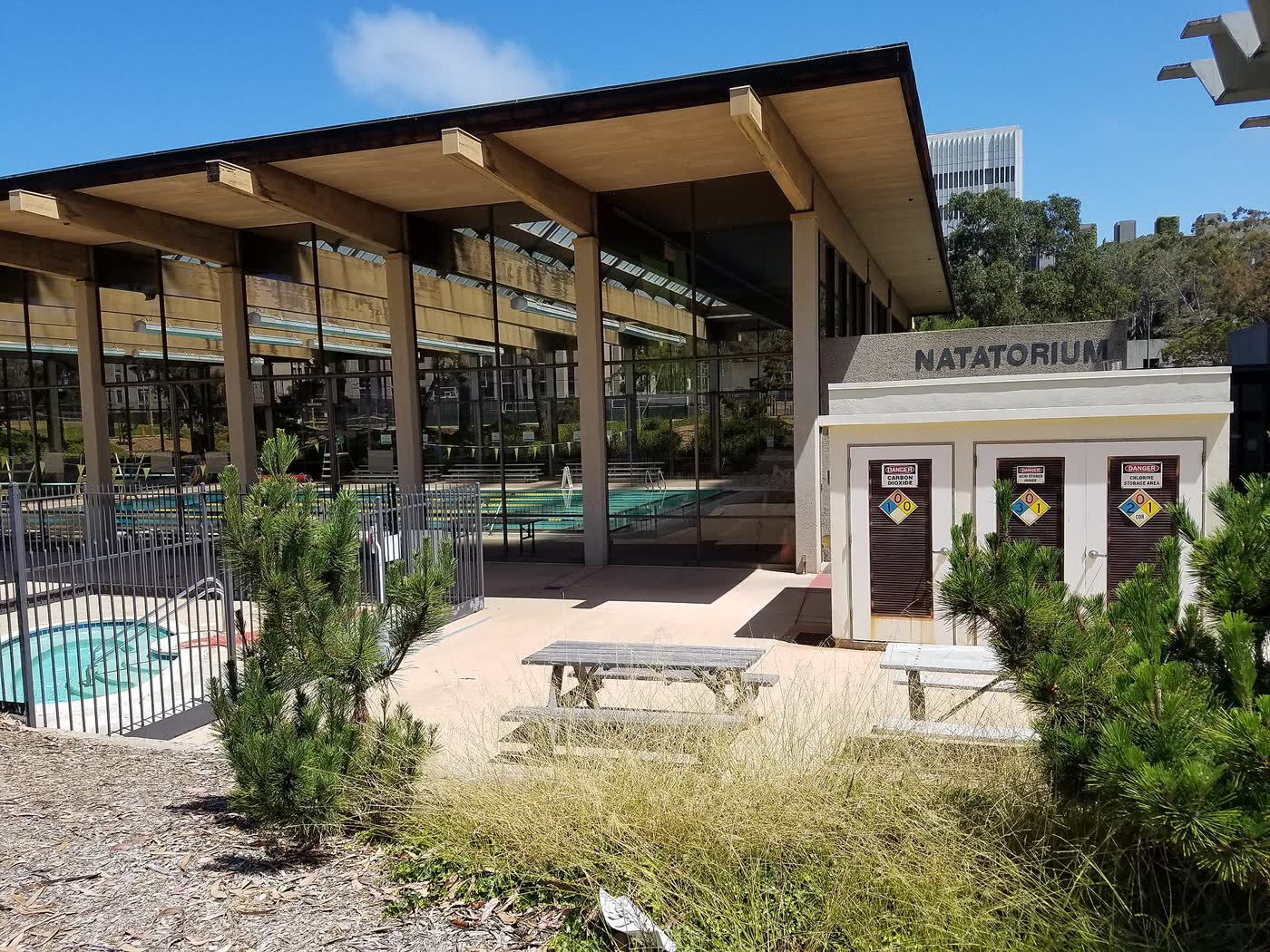 The indoor swimming pool of the Natatorium at the University of California, San Diego, in 2020