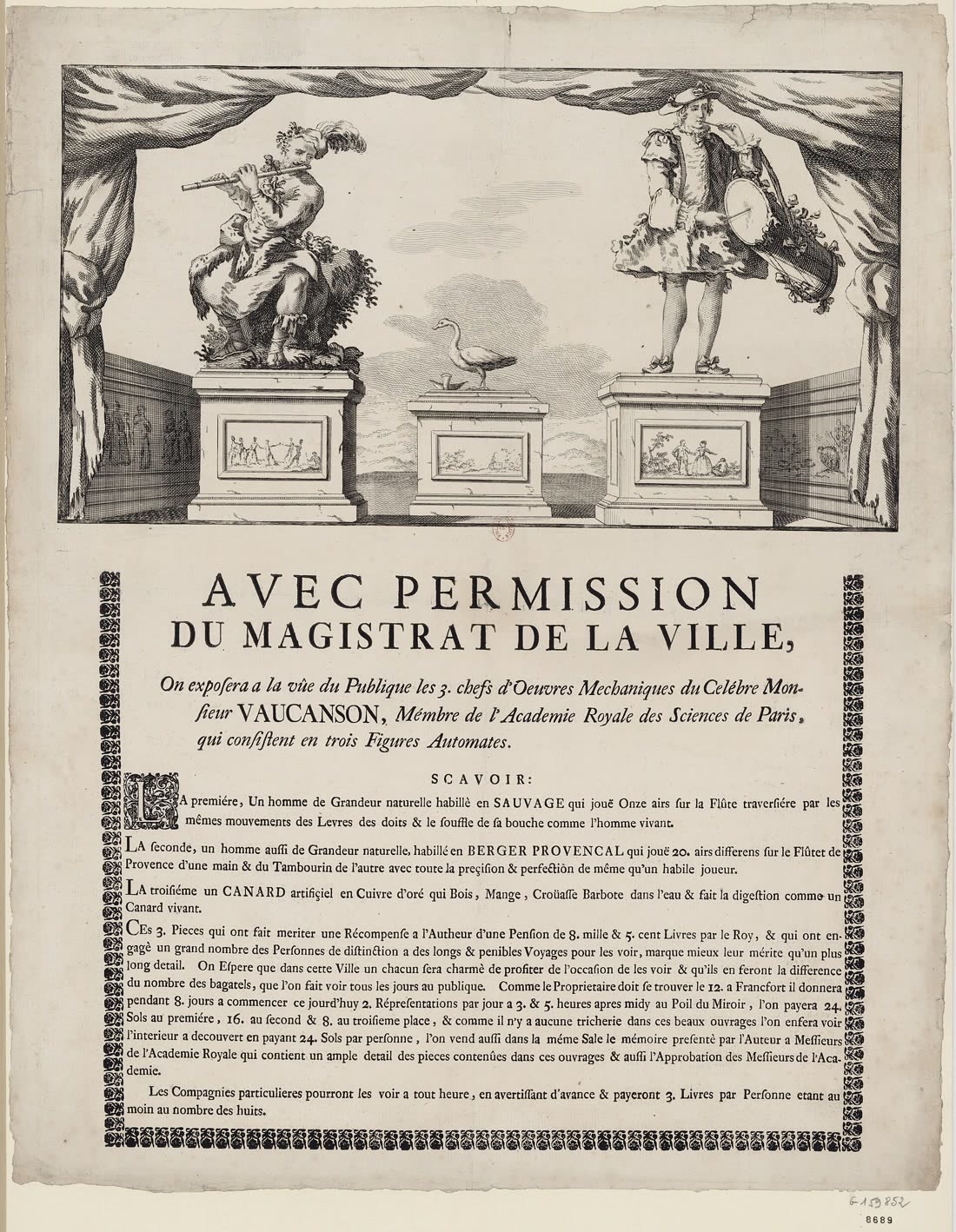 Eighteenth-century engraving of Vaucanson's mechanical figures, including the duck