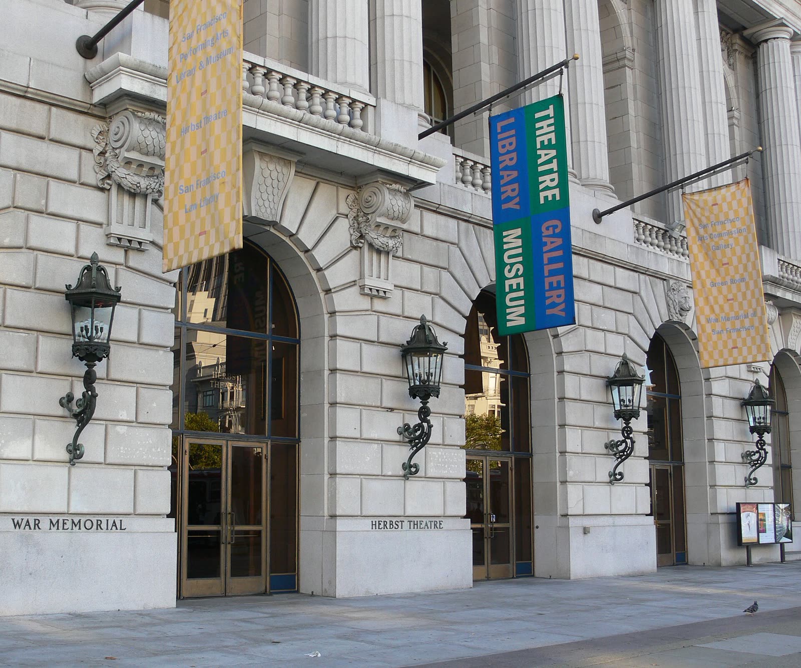 The arched main entrance of the War Memorial Veterans Building in San Francisco's Civic Center