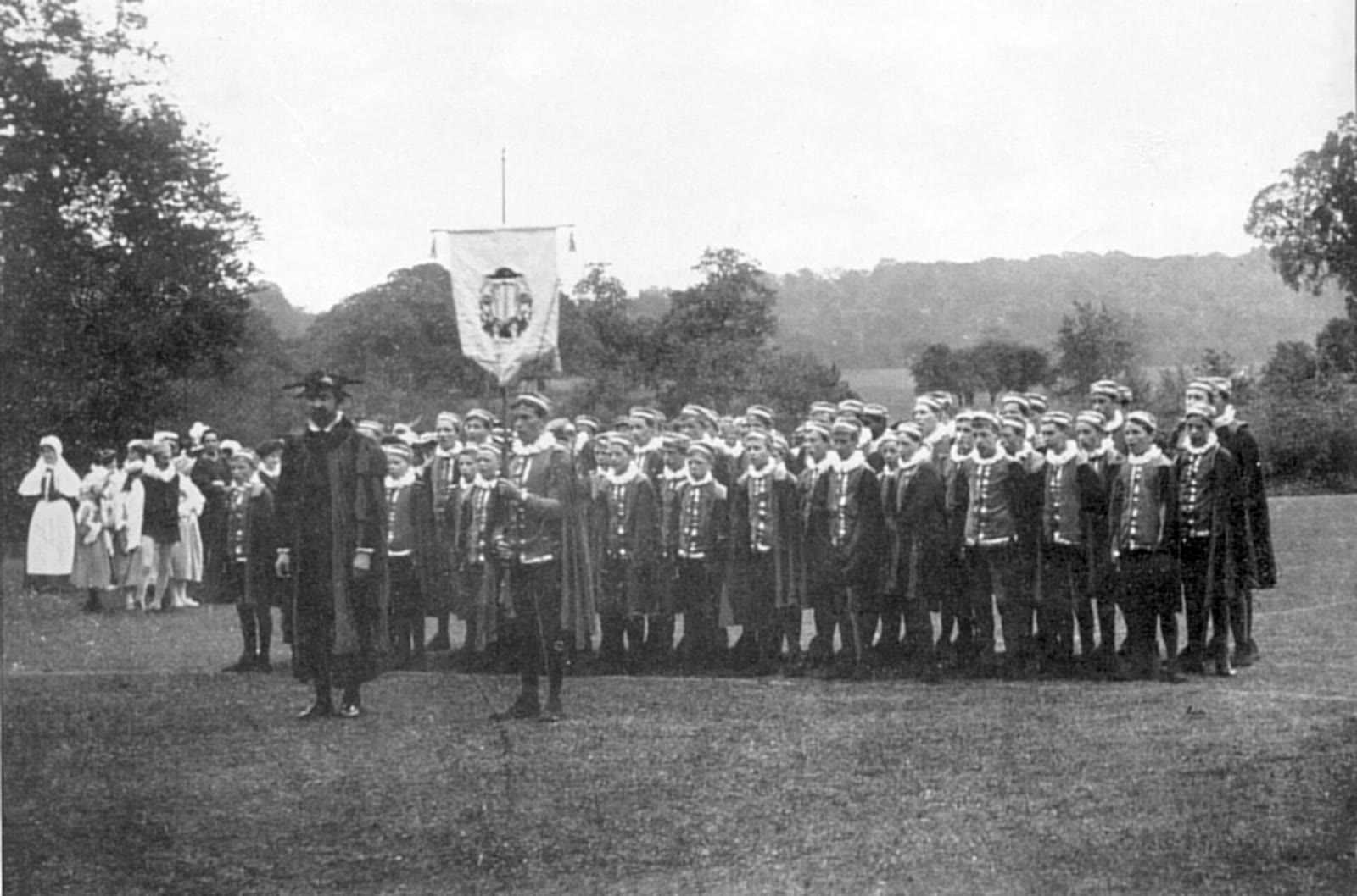 Warwick School boys in costume performing at the Warwick Pageant of 1906