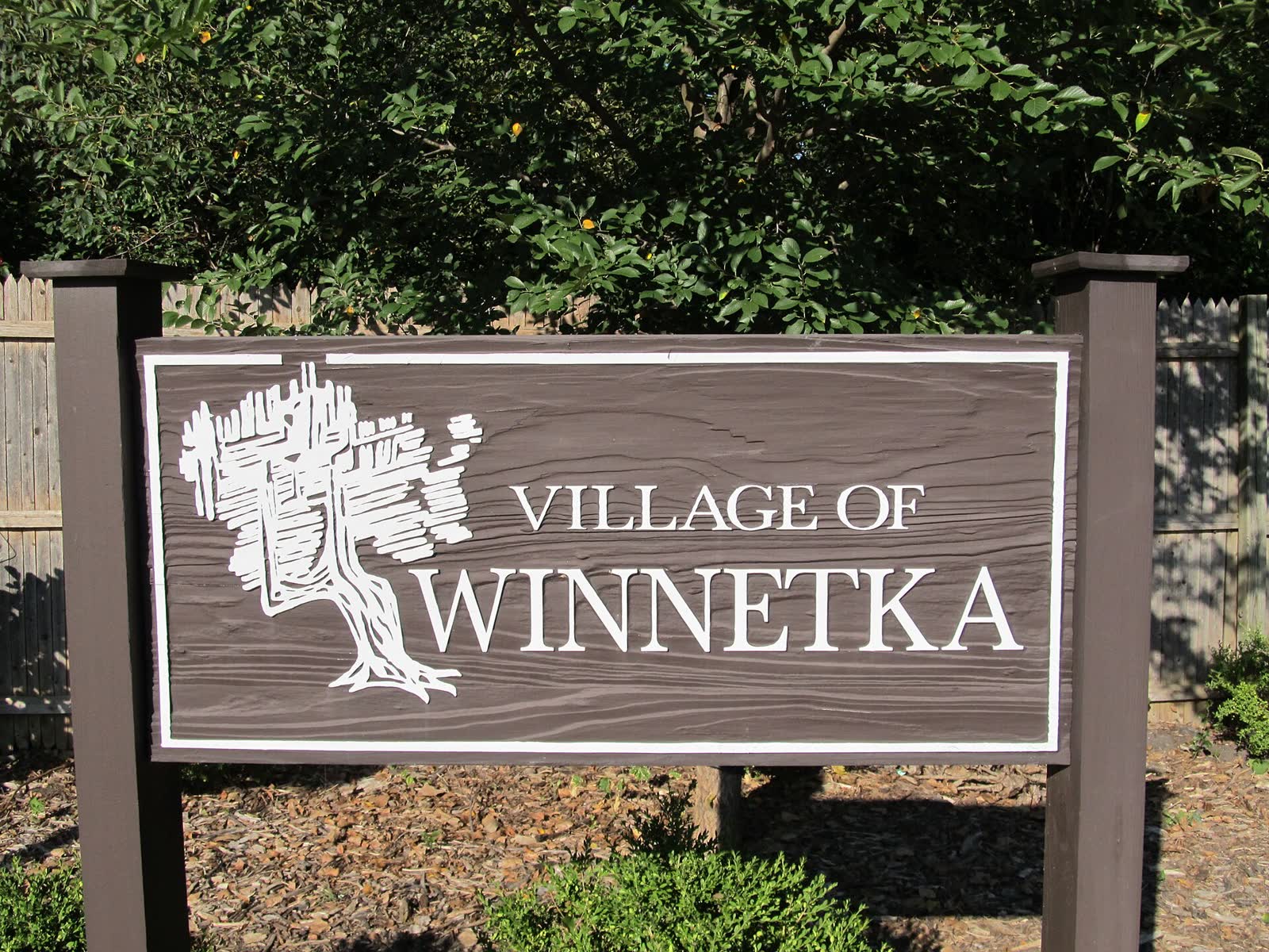 A Welcome to Winnetka sign in the village of Winnetka, Illinois, on Chicago's North Shore