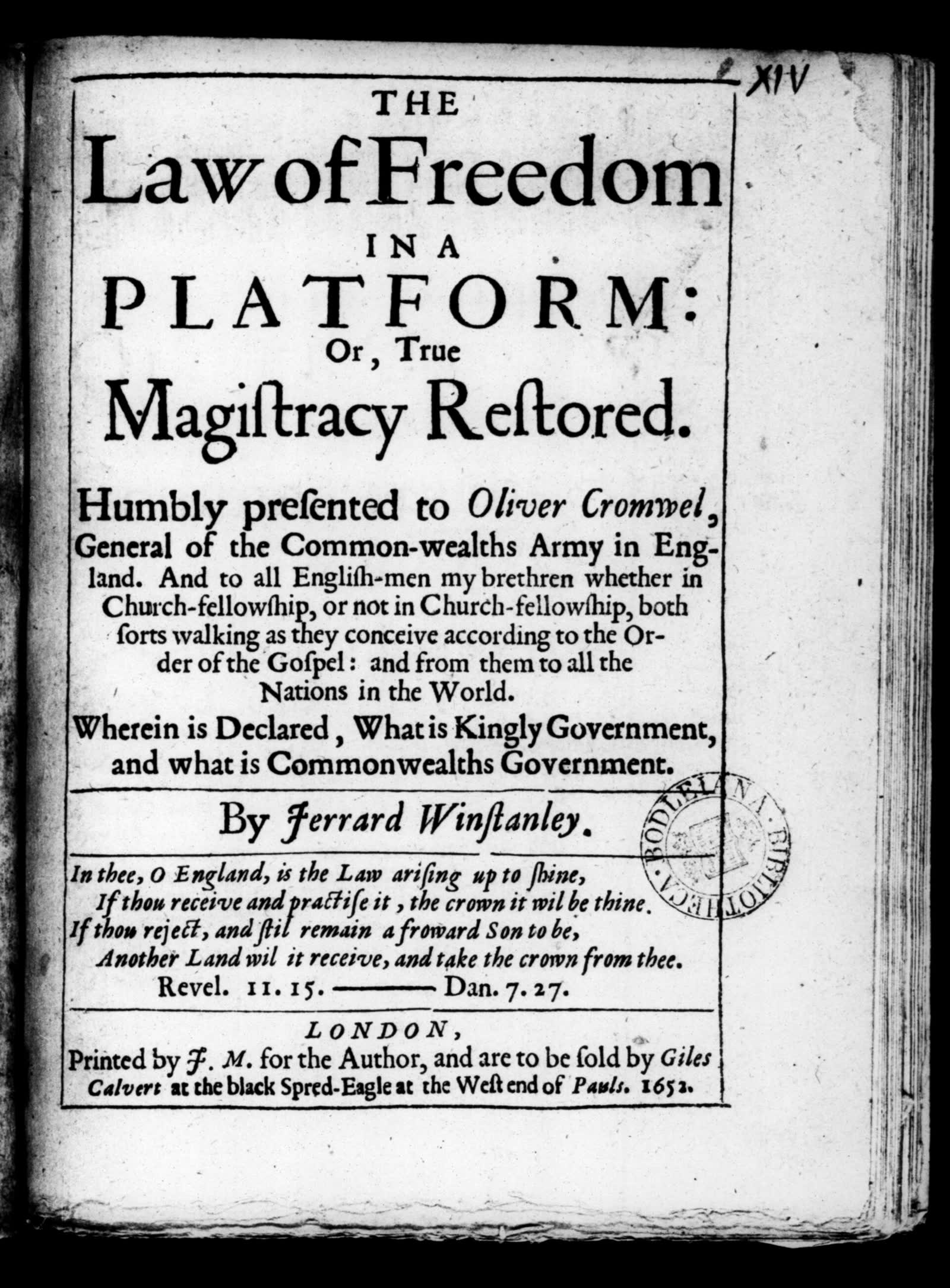 Printed title page of Gerrard Winstanley's The Law of Freedom in a Platform, 1652