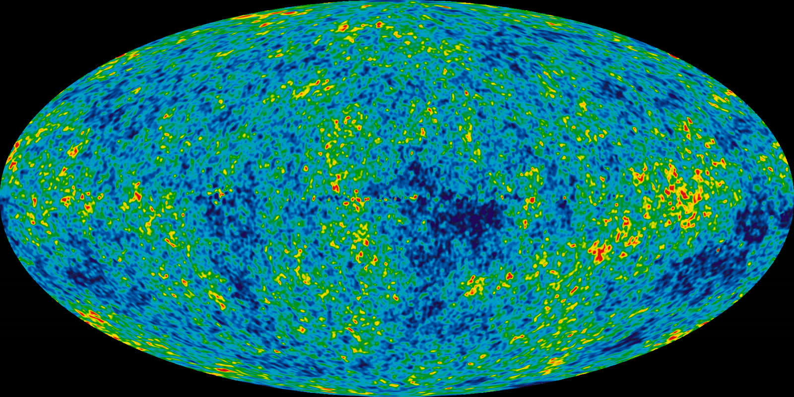 An oval all-sky map of the cosmic microwave background in mottled blue, green, yellow and red
