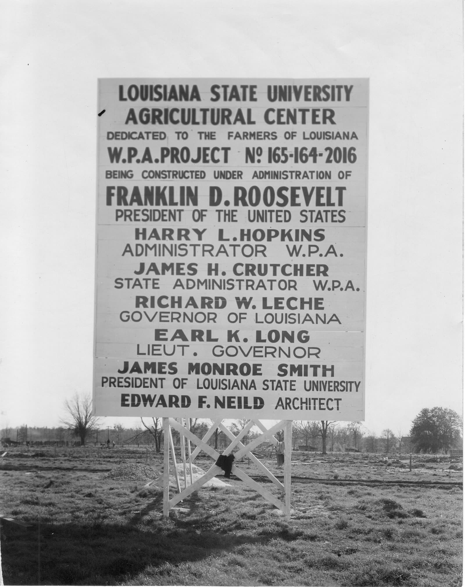 Large 1936 Works Progress Administration construction sign announcing a building project in Louisiana