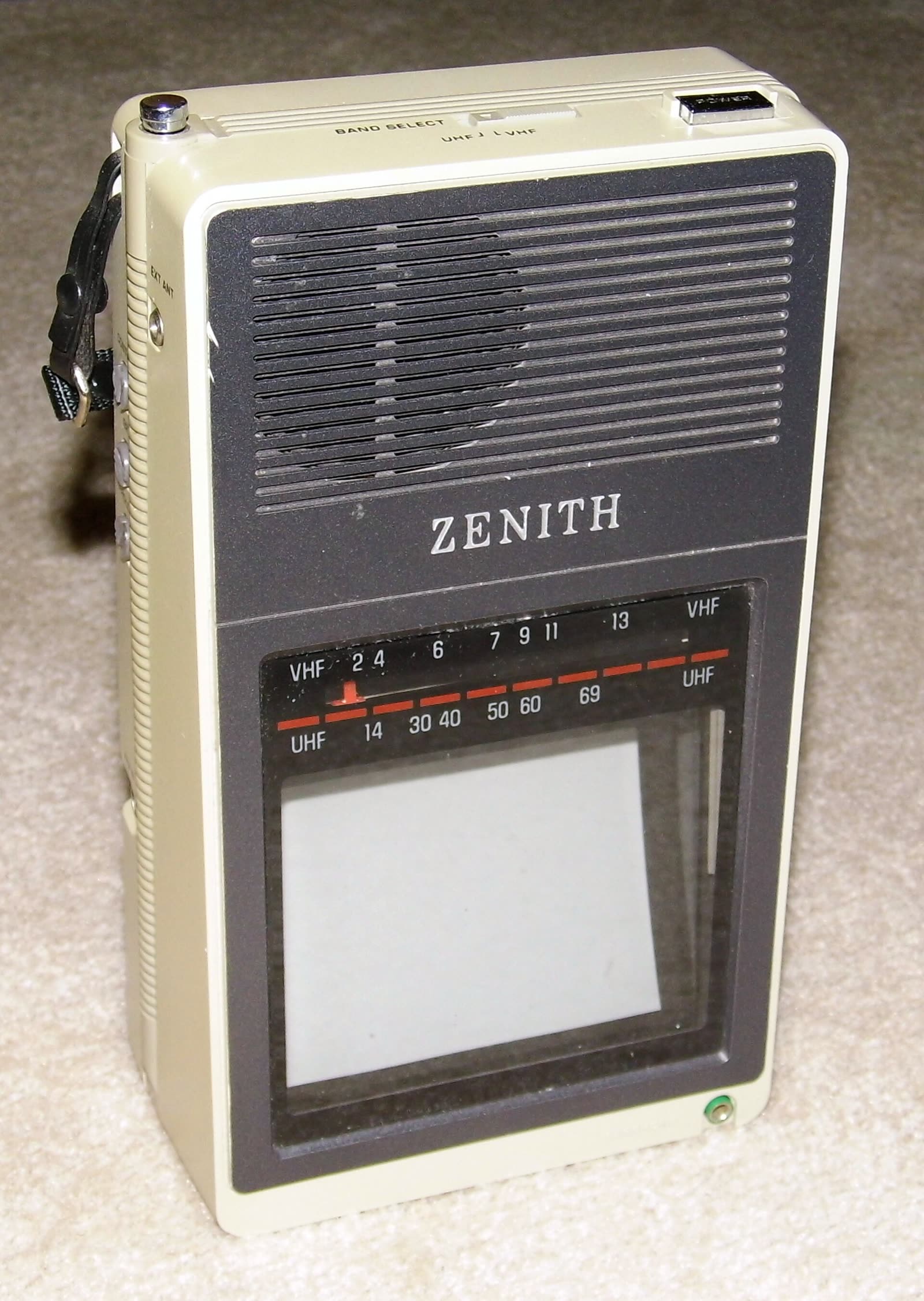 A small black and white Zenith portable television made in 1985