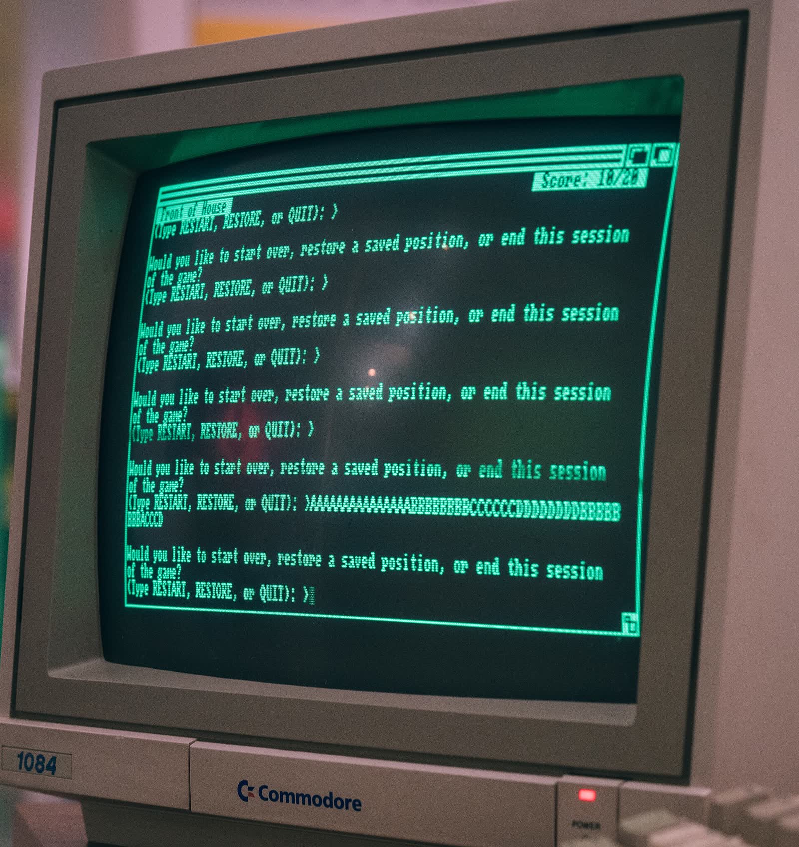 The text adventure game Zork running in green text on a black CRT screen